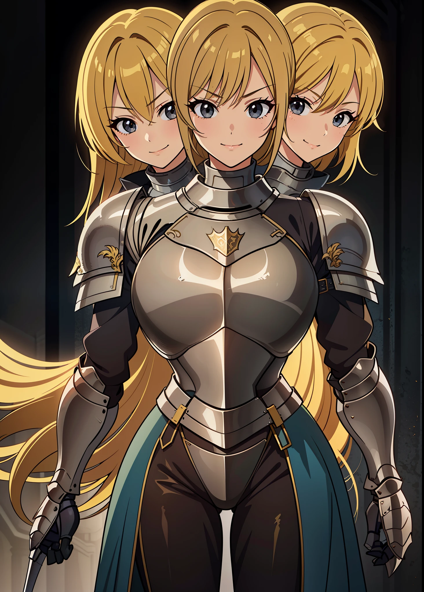 (masterpiece),(ultra-detailed), (high quality), (high resolution), (best quality:1.5, highres, UHD), highres, absurdo, ultra detail, ultra quality, (3heads:1.5), 1girl, ((golden blonde hair)), thighs, (gray armor), female warrior, (fully armored), medium hair, (medieval outfit), (black eyes), armored chest piece, gorgeous female knight, Guild Clothes with Armor, Fantasyart:1.5, (1 Female Knight:1.5), Detailed and detailed depiction armor, (seductive smirk), detailed eyes