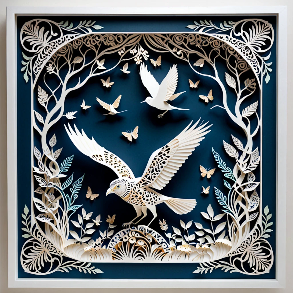 Create a detailed paper cutout artwork depicting a scene that combines intricate patterns with various creatures. The scene should include a harmonious blend of elaborate, decorative patterns interwoven with animals such as birds, fish, erflies, and other creatures. The patterns should complement the forms and movements of the animals, creating a seamless integration between the natural and the abstract. The artwork should evoke a sense of wonder and intricacy, highlighting the beauty and complexity of both the patterns and the creatures. The overall mood should be artistic and enchanting, capturing the elegance of nature through detailed design