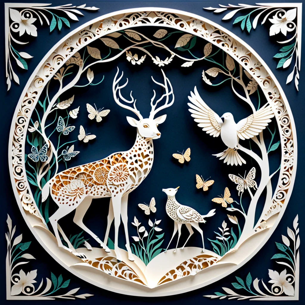 Create a detailed paper cutout artwork depicting a scene that combines intricate patterns with various creatures. The scene should include a harmonious blend of elaborate, decorative patterns interwoven with animals such as birds, fish, butterflies, and other creatures. The patterns should complement the forms and movements of the animals, creating a seamless integration between the natural and the abstract. The artwork should evoke a sense of wonder and intricacy, highlighting the beauty and complexity of both the patterns and the creatures. The overall mood should be artistic and enchanting, capturing the elegance of nature through detailed design