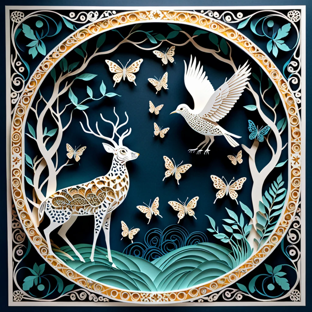 Create a detailed paper cutout artwork depicting a scene that combines intricate patterns with various creatures. The scene should include a harmonious blend of elaborate, decorative patterns interwoven with animals such as birds, fish, butterflies, and other creatures. The patterns should complement the forms and movements of the animals, creating a seamless integration between the natural and the abstract. The artwork should evoke a sense of wonder and intricacy, highlighting the beauty and complexity of both the patterns and the creatures. The overall mood should be artistic and enchanting, capturing the elegance of nature through detailed design