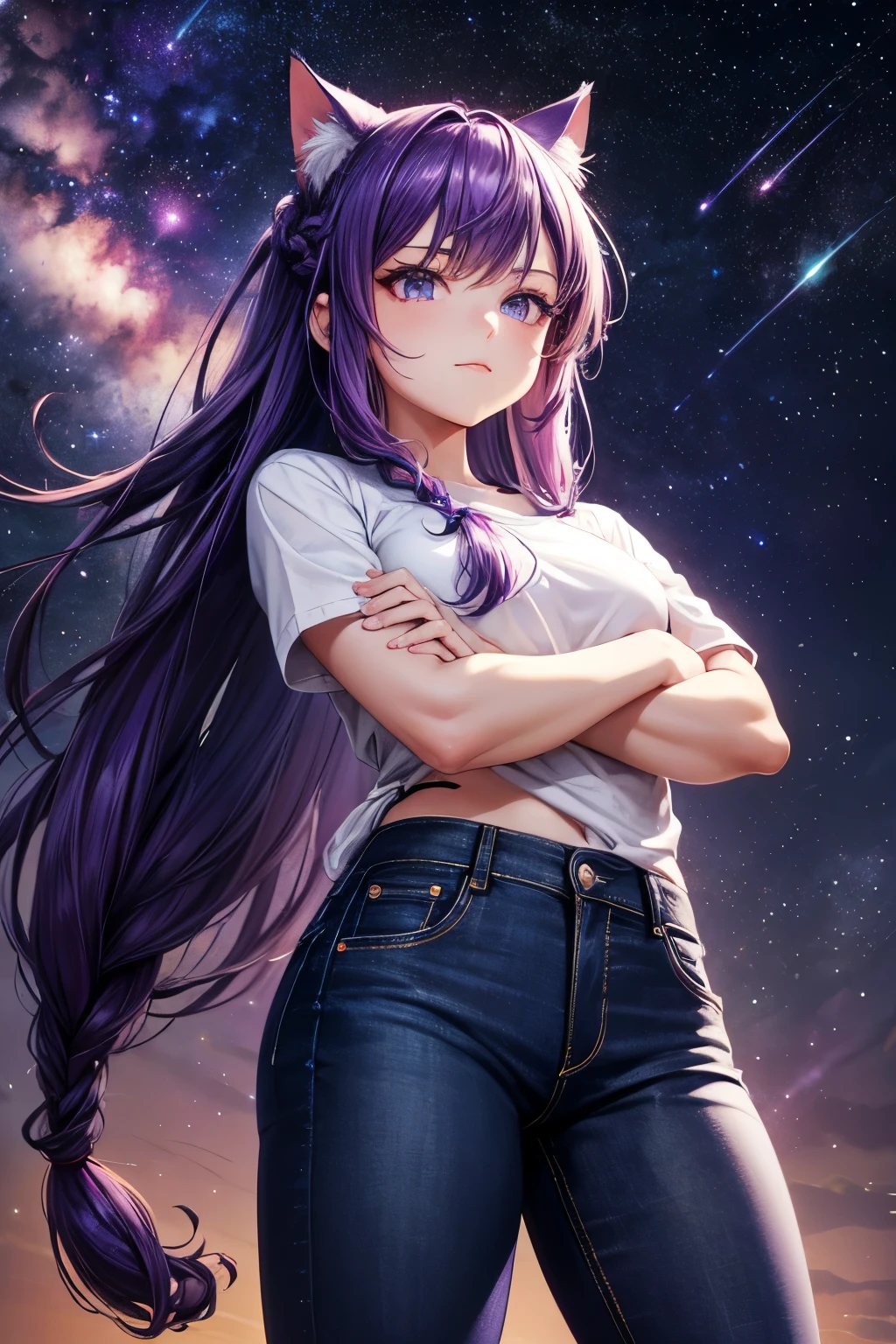 Top quality, high resolution, perfect human structure, background focus, from below, hands on hip, purple hair, glowing hair, cat ears, crossed arms, french braid, crazy eyes, shirt, jeans, night sky, shooting stars, near future, space,