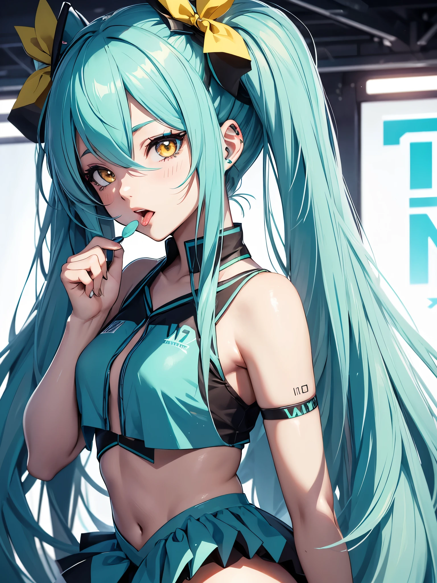 Hatsune Miku, cheerleader, showing the tongue, makeup, yellow eyes