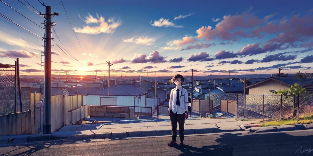 -blues, outdoors, solo, cloud, scenery, necktie, tree, sky, bag, fence, sunset, stairs, power lines, black footwear, 1girl, sunlight, railing, jacket, pants, brown hair, building, shirt, standing, shoes, 1boy, white shirt, utility pole, chain-link fence, signature, black jacket, collared shirt