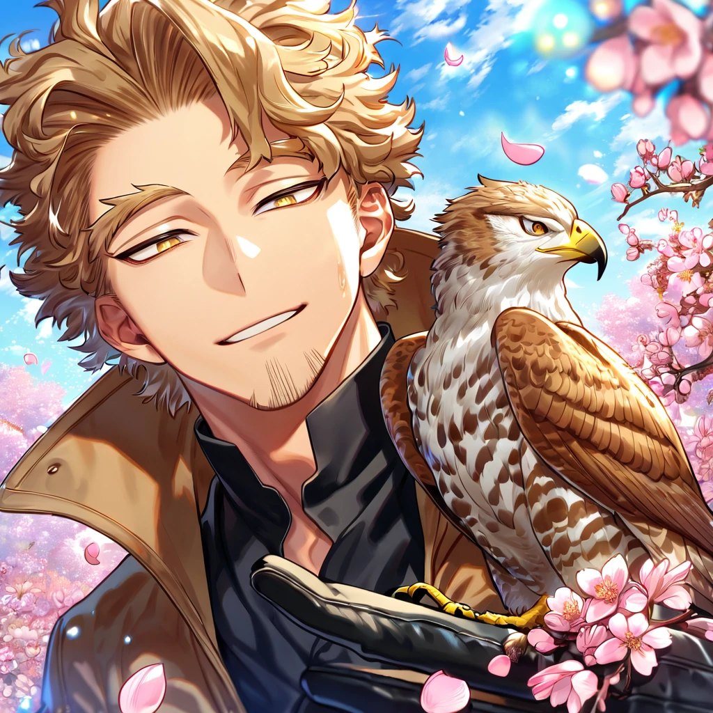 absurdres, highres, ultra detailed, HDR, master piece, Hawks, brown-blond hair, expressive brown-golden eyes, brown coat with fur, faint beard, Boku No Hero Academia, sexy man, handsome, best quality, blossoms, pink petals, pink flowers, water, fantasy, magical, blue shining fireflies, solo, black shirt, black gloves, handsome smile