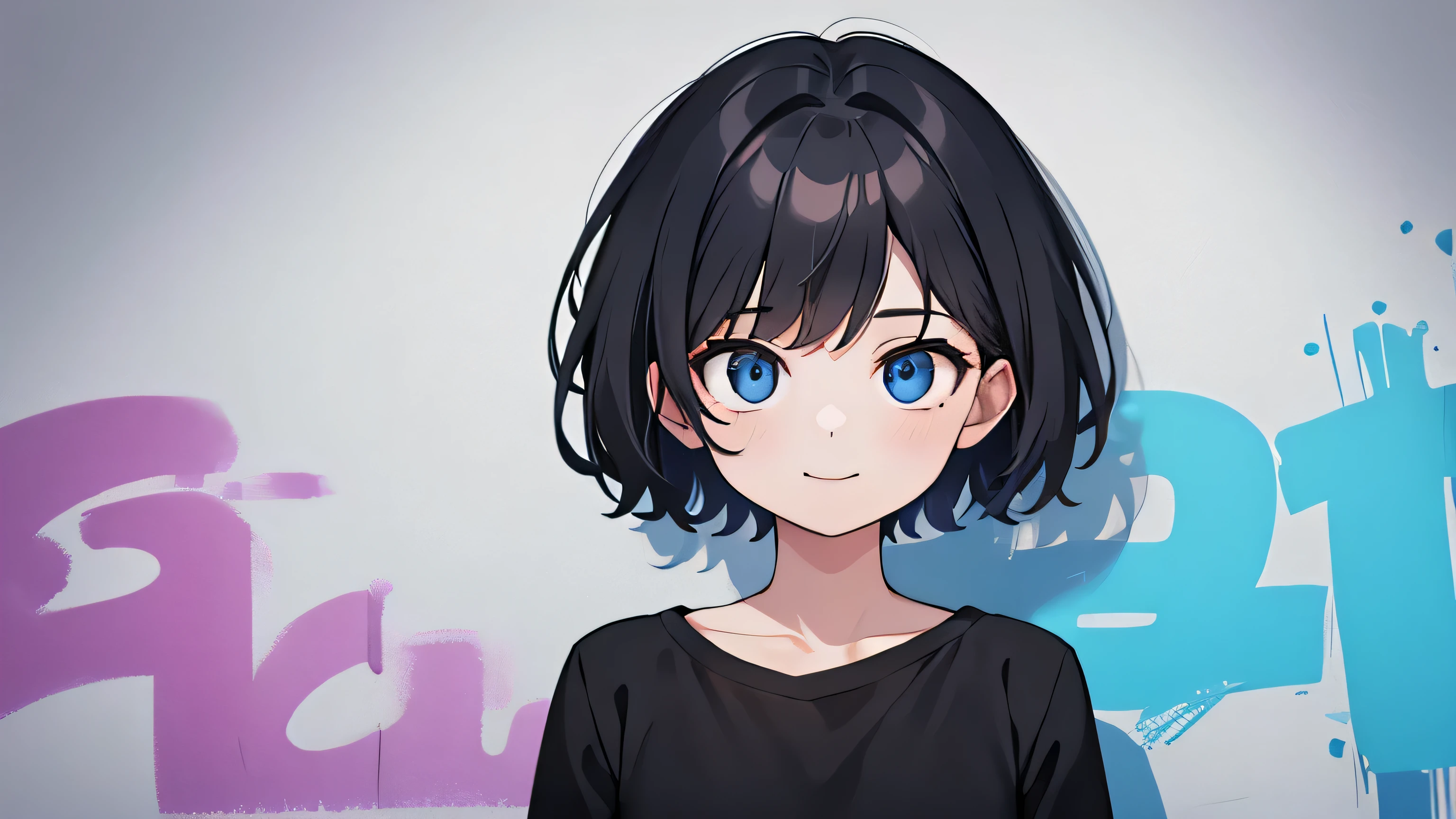 1girl, solo, blue eyes,(detailed eyes), gentle smile flat chest, short hair, black hair, ((white t-shirt)), simple t-shirt, black skirt, black socks, standing, upper body, ((masterpiece, illustration, best quality)) she is standing against a graffitit wall splashed with purple lightning pattern., arm behind back, against wall, View viewers from the front.