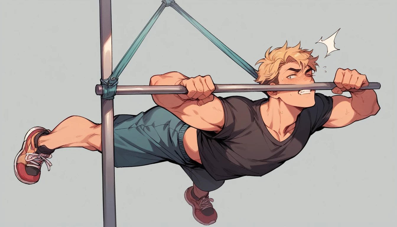 blond boy training his body with exercises on horizontal bars