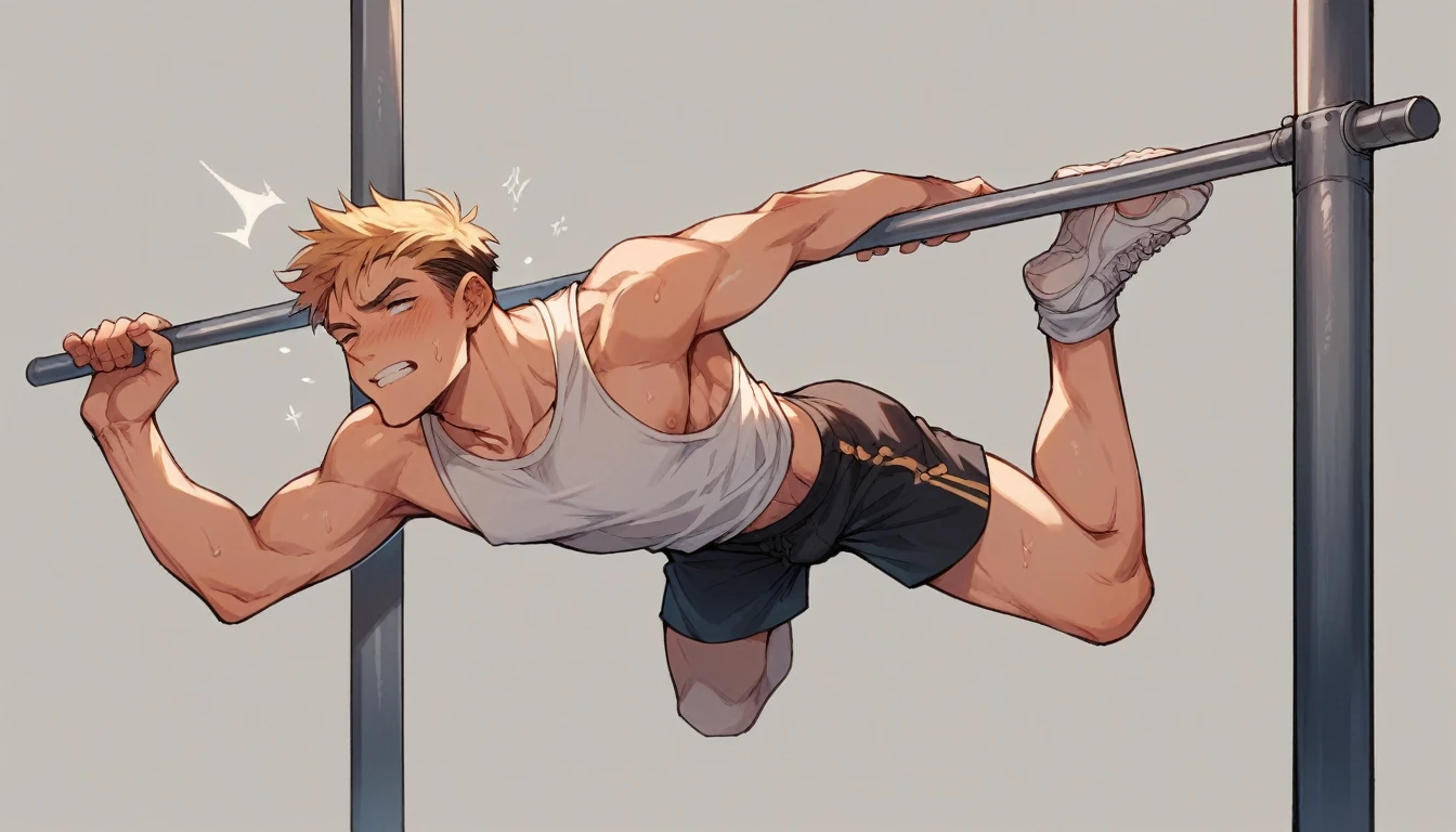 blond boy training his body with exercises on horizontal bars

