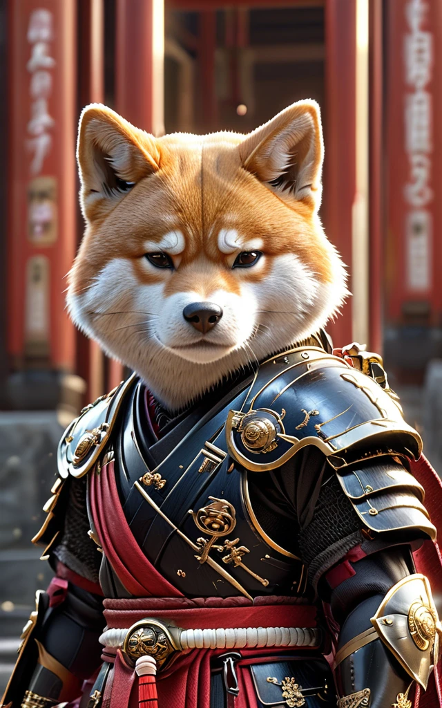 Shiba Inu Samurai,whole body, He has a Japanese sword charged with lightning., Wearing black Japanese armor and hakama haori, Japanese temple background, High resolution, masterpiece, Highest quality, Very detailed, Very detailed, Ultra-realistic,
Japan style, 3D Fluffy, Cute and adorable close-ups, Cute big round reflective eyes, Long fuzzy fur, Pixar Rendering, unreal engine Cinematic smooth, Exquisite detail, Cinematic