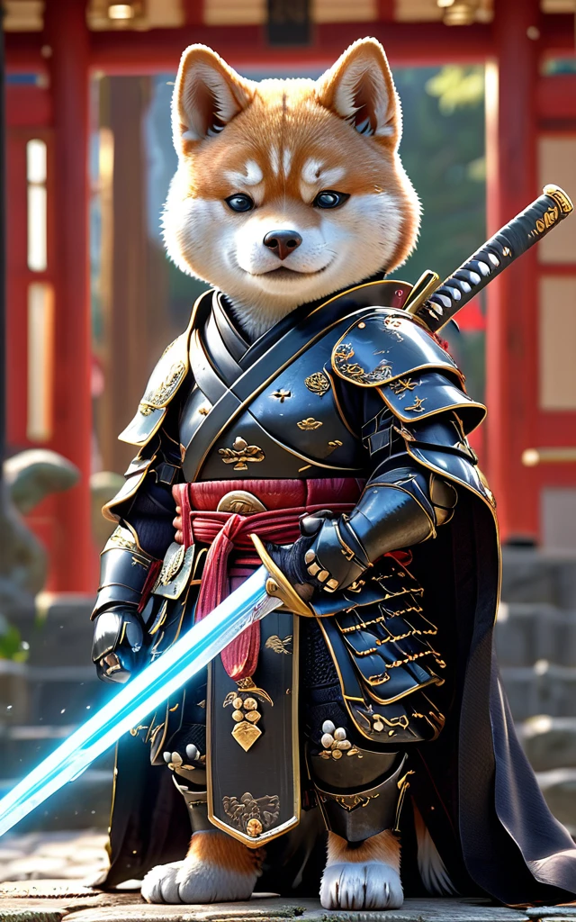 Shiba Inu Samurai,whole body, He has a Japanese sword charged with lightning., Wearing black Japanese armor and hakama haori, Japanese temple background, High resolution, masterpiece, Highest quality, Very detailed, Very detailed, Ultra-realistic,
 Japan style, 3D Fluffy, Cute and adorable close-ups, Cute big round reflective eyes, Long fuzzy fur, Pixar Rendering, unreal engine Cinematic smooth, Exquisite detail, Cinematic