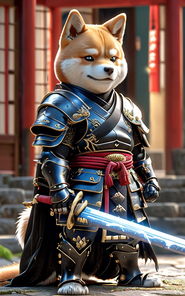 Shiba Inu Samurai,whole body, He has a Japanese sword charged with lightning., Wearing black Japanese armor and hakama haori, Japanese temple background, High resolution, masterpiece, Highest quality, Very detailed, Very detailed, Ultra-realistic,
Japan style, 3D Fluffy, Cute and adorable close-ups, Cute big round reflective eyes, Long fuzzy fur, Pixar Rendering, unreal engine Cinematic smooth, Exquisite detail, Cinematic