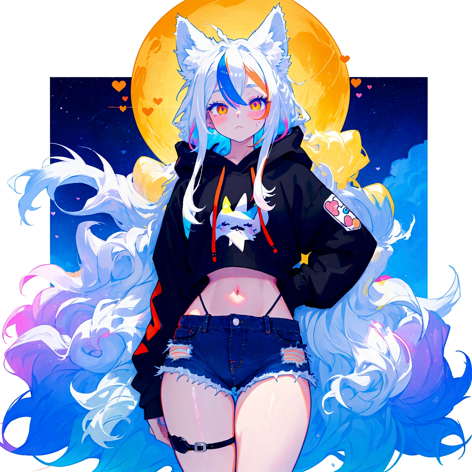 a cute adult male with wolf ears, long white hair, long locks, has a wolf tail, wearing a loose cropped black hoodie, wearing a pair of denim short shorts and fishnet stockings, thick thighs, wide hips, relaxing on mound of fluffy multi colored kawaii plushies, short, very slim, showing slender tummy, heart on hoodie, squishy thighs, has glowing blue eyes. alone, solo (ALONE)(SOLO), surrounded by rainbows, colorful galaxy backround