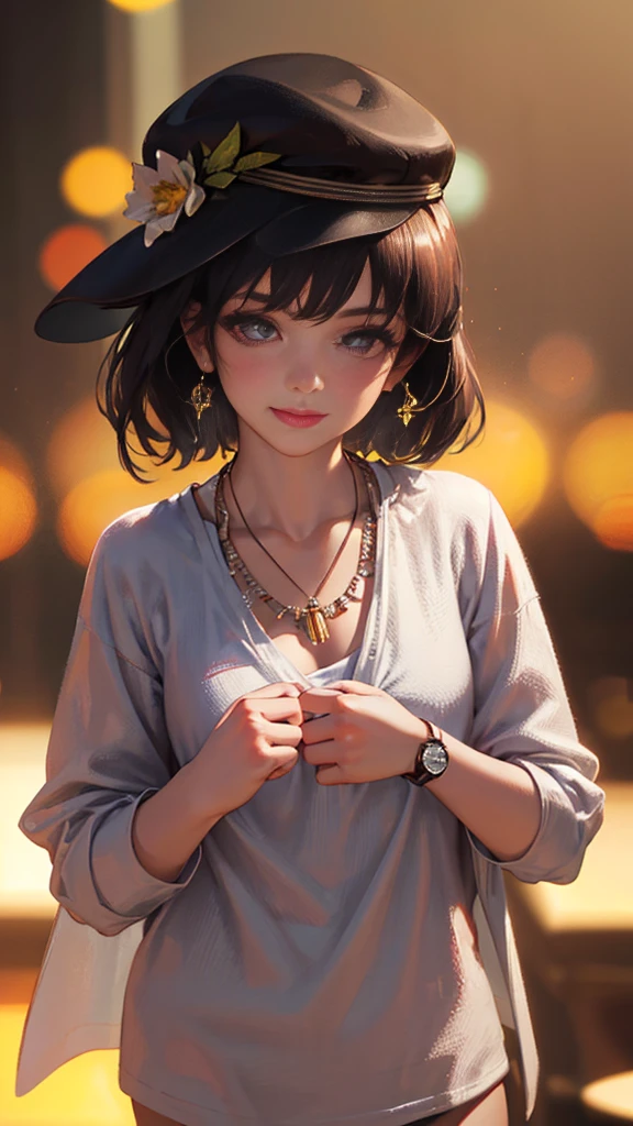 8K,(RAW photos),(best quality), (Photo-realistic:1.4),Realistic skin texture 1girl,Lovely,Double eyelids,Bangs,whole body,,Thin legs,(fit),Slim,Smile,hat,earrings,necklace,Watch and look at the audience,Face Focus,Depth of Field,club ,(Chest close-up:1),Bokeh,,