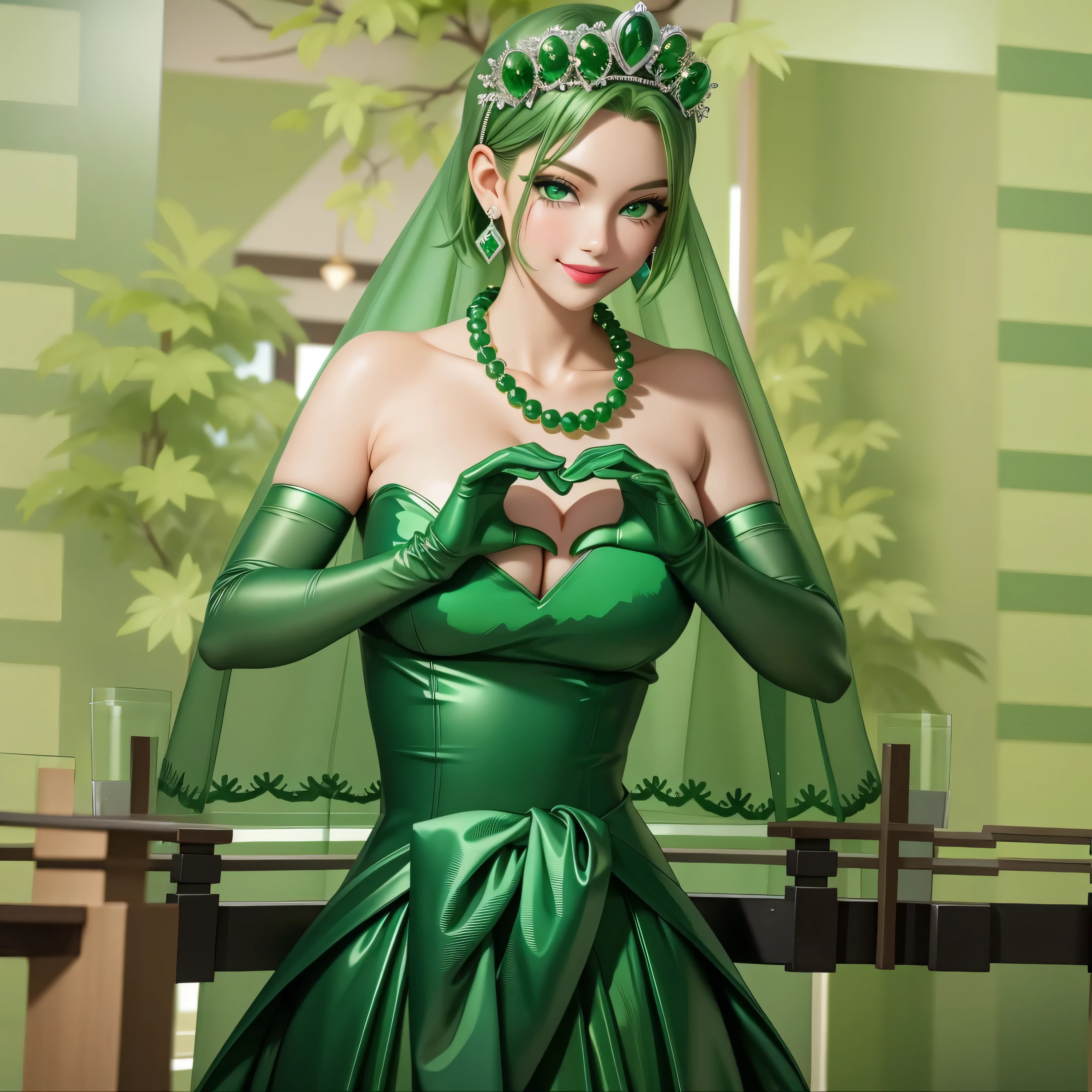 emerald tiara, Green Pearl Necklace, Boyish very short green hair, Green Lips, Smiling Japanese woman, Very short hair, Busty beautiful lady, Green Eyes, Green satin long gloves, Green Eyes, Emerald Earrings, Green veil, Heart with both hands, Green Hair, Beautiful Japanese Woman, Heart shaped hands:1.3, green lip gloss