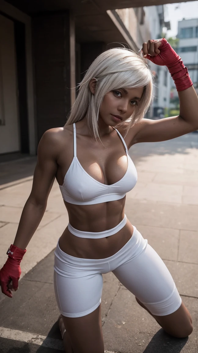 (masterpiece), 4K best quality, (high resolution), expressive eyes, perfect face Female, blush face, darker skinned, white hair, dating, abs, smile, dark Skin, teasing, young Burmese woman, sweats, bandaged gloves, red eyes, muscles slim, collarbone, white hairs, Thick thighs, sports crop top, boxer Pants tight, training, lines visible g-string, pointing a cum at the viewer, thick lips, full body, anger eyebrows style, underground fighting tournament, standing poses, cleft, hard muscle knees, Capoeira, fighting Capoeira, bandaged foot, blood on floor, bleeding face, nosebleeds, bloodfight vomiting, bloody brawler pit, brawl blood, bleeding teeth, Ramlethal Valentine from guilty gear strive, ebony, dark skin, white, hair, 
