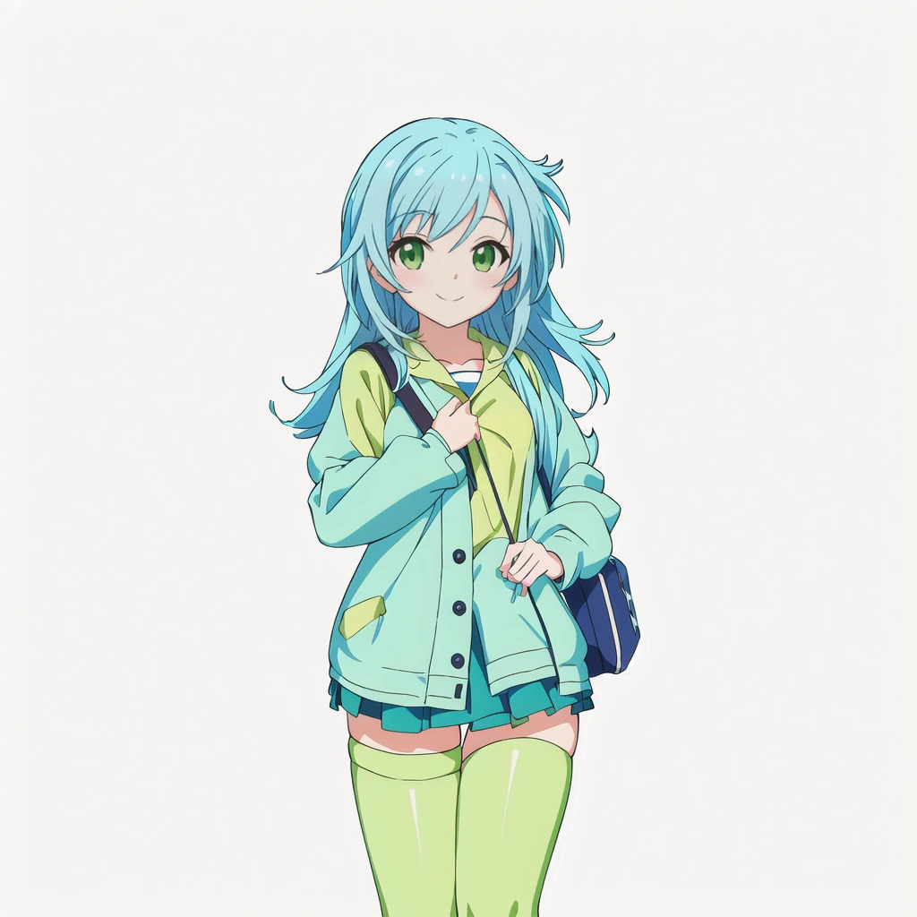 Highest quality, high resolution, High quality anime art style, Official Art, Smooth anime CG art, Stylized anime, Cute 3D anime girl render, Visual Novel Sprites, White background, whole body, Anime-style 3D, Smooth anime CG art, humanoid woman, JRPG Characters, Anime girl wearing a yellow-green shirt and a flared skirt and carrying a bag, Knee-high socks, Anime girl with light blue hair, smile, Thin legs. long hair, Small Bust, Small breasts, 12 years old