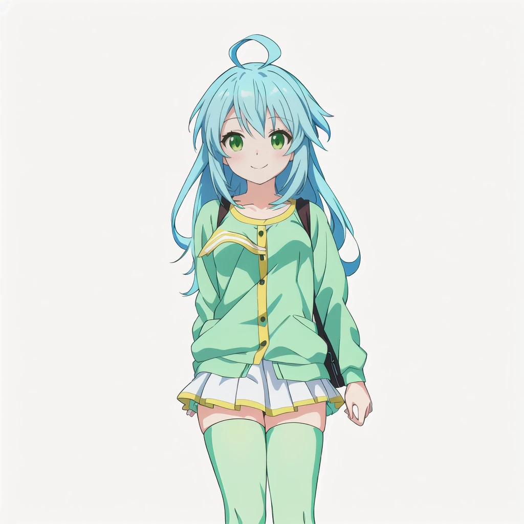 Highest quality, high resolution, High quality anime art style, Official Art, Smooth anime CG art, Stylized anime, Cute 3D anime girl render, Visual Novel Sprites, White background, whole body, Anime-style 3D, Smooth anime CG art, humanoid woman, JRPG Characters, Anime girl wearing a yellow-green shirt and a flared skirt and carrying a bag, Knee-high socks, Anime girl with light blue hair, smile, Thin legs. long hair, Small Bust, Small breasts, 12 years old