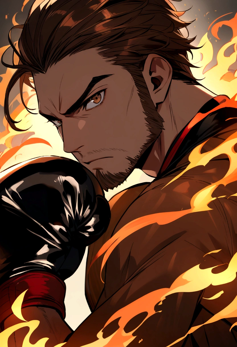 young man with medium brown beard and very long brown hair brown eyes wearing boxing gloves with fire around