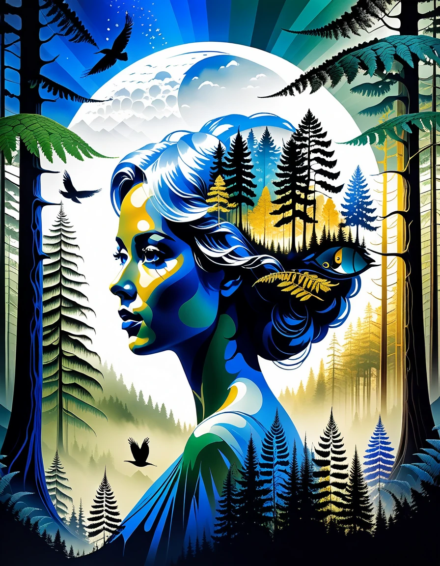 Craft a mesmerizing double exposure photoillustration that masterfully merges the intricate worlds of humans and forest and mist and birds and bugs. In this artwork, draw inspiration from the distinctive styles of Dan Mountford, ensuring the final piece showcases the imaginative essence of this artist. Set the background to the deep cobalt blue sky. Utilize pastel and monochrome green and gold colors to bring out the dynamic energy of the scene. Envision the trees, fern. The negative space in the composition should contribute to the overall balance, emphasizing the depth and layers of the artwork.The primary focus of the composition should be the seamless fusion of a woman, called Gaia, mother nature with white hair and blue eyes and trees and mist. With drops of golden ink