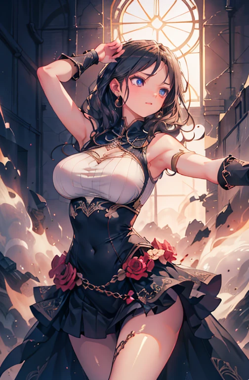 a beautiful woman with radiant eyes, a warm embrace, a bright smile, large full breasts, a mini skirt, black outfit,high quality, 8k, photorealistic, masterpiece, dramatic lighting, cinematic composition, intricate details, alluring expression, elegant pose, graceful movements