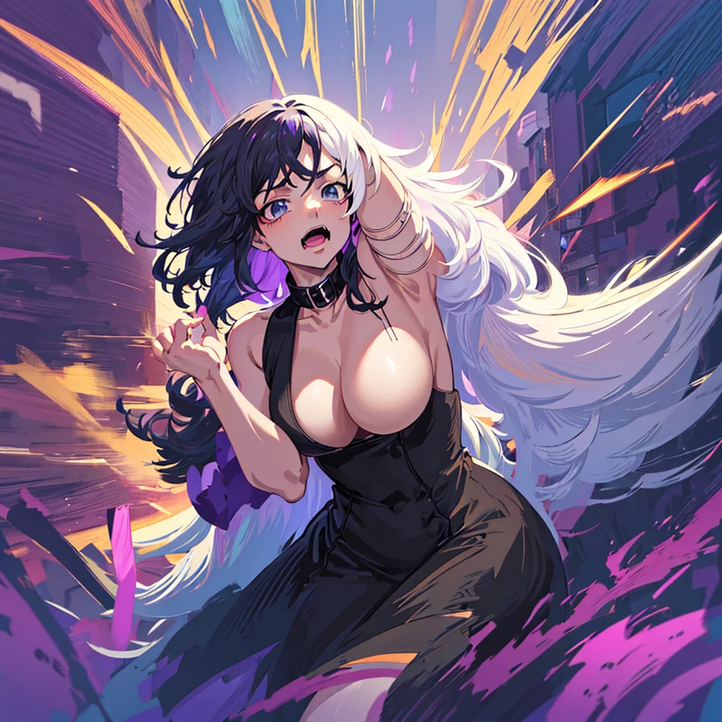Anime two women a beautiful woman with long slightly wavy white hair bright blue eyes wearing a sexy black dress with black heels dancing with a beautiful woman with long dark purple hair with bright purple eyes wearing a sexy black dress and black heels dancing in a club night