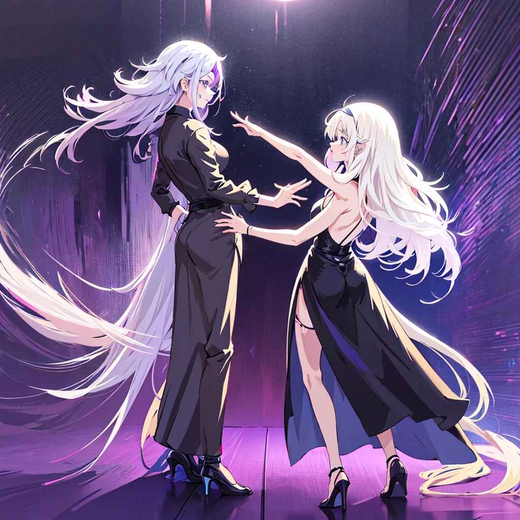  Anime two women a beautiful woman with long slightly wavy white hair bright blue eyes wearing a sexy black dress with black heels dancing with a beautiful woman with long dark purple hair with bright purple eyes wearing a sexy black dress and black heels dancing in a club night