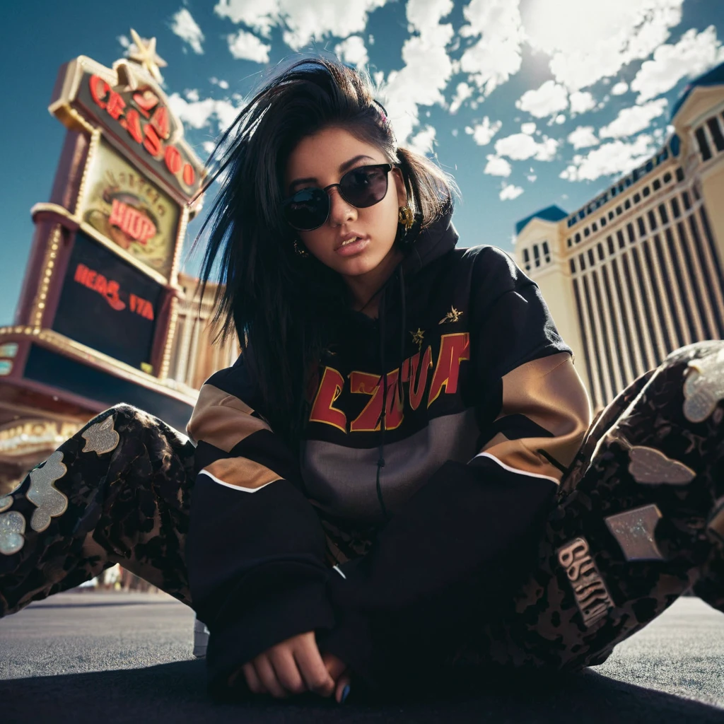 centered, 1girl, 18 yo, black hair, Las Vegas, sitting on the ground, looking at the viewer, hip hop clothing, sunglasses, extreme low-angle photo from below, shot on Afga Vita 400, natural lighting, city photograph, abandoned casino, big neon signs, heat, desert