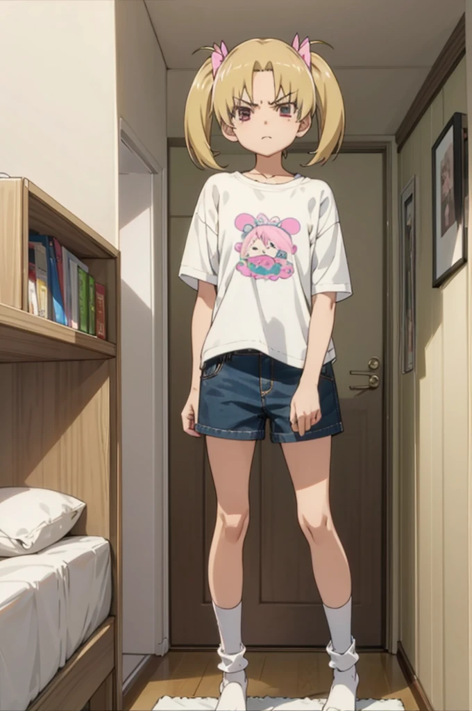 solo, 1girl, looking at viewer,  mikazuki kiryuu, , my room,, looking at viewer,angry,casual clothes,socks