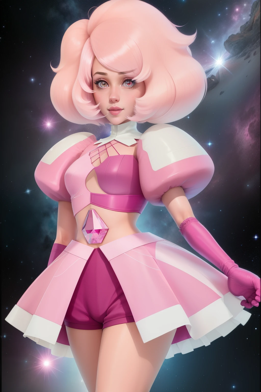 pnkdamond, pink hair, pink eyes,  long hair,  stomach gem,  pink skin,  toned, 
puffy short sleeves, elbow gloves ,  white thighs,   Puffy dress, 
standing, Upper part of the body, 
 outer space,  
(incredibly detailed, beautiful detailed face,Beautiful detailed eyes, Masterpiece, Best Quality) cinematic lighting,  SMILE, 
 