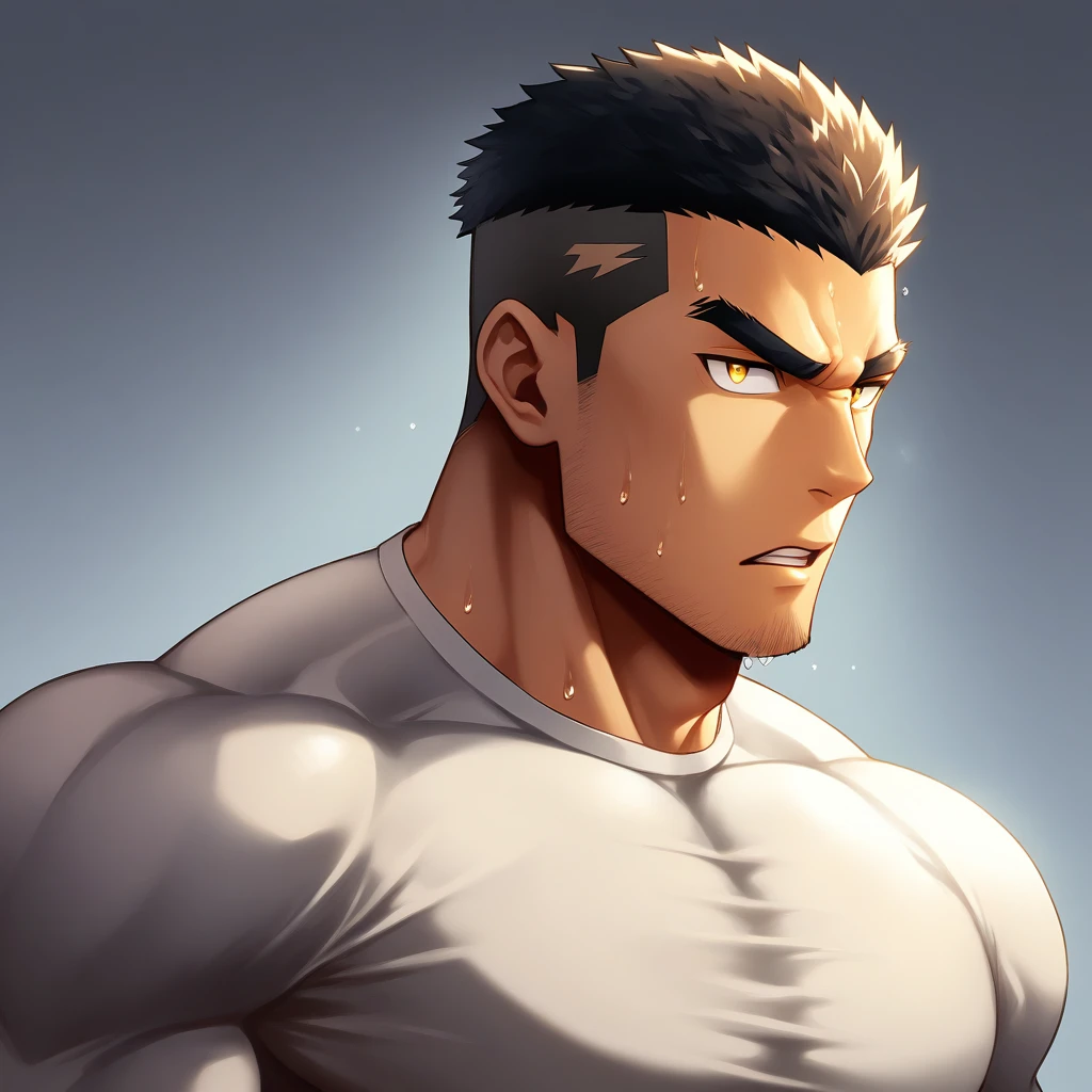 anime characters:Gyee, Deep black skin, Muscle Sports Student, 1 muscular tough guy, Manliness, male focus, Close-up of the side, Light yellow high collar long sleeve tight T-shirt, Very tight, The clothes were soaked with sweat, The pectoral muscles are oversized, Slightly transparent, muscular male, muscular, only, Upper body, alone, Black short hair, Thick eyebrows, stubble, Yellow eyes, Grey background, simple background, amazing quality, best aesthetics, Ridiculous, bright pupils, crew cut, parted lips, v-shaped eyebrows, jitome, disdain, drop shadow, best quality