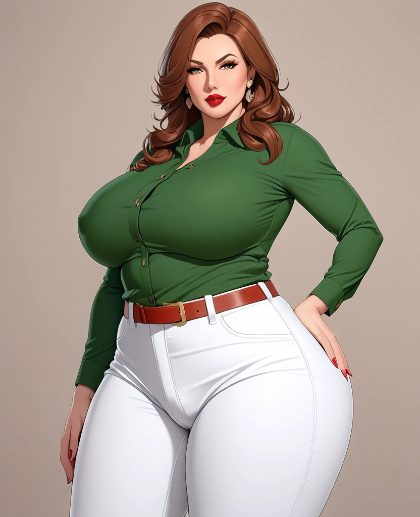 Masterpiece, hi res, absurdres, Best Quality, 4K, 8K, detailed, 1girl,solo, Mature female,  tall, long Brown hair, stoic face, white pants,green shirt,tall,milf,red lipstick, prominent lips,curvy, big ass,hand on his,Big breasts,Protruding crotch,Big bulge on pants,shemale, genitalia outline on clothing, erection,(Very big bulge),male genitalia, bulge