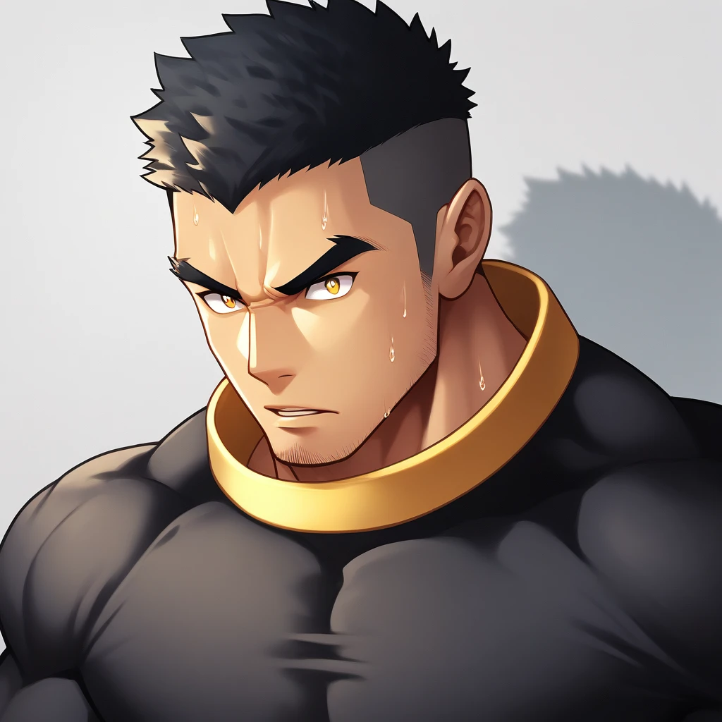 anime characters:Gyee, Deep black skin, Muscle Sports Student, 1 muscular tough guy, Manliness, male focus, Close-up of the side, Light yellow high collar long sleeve tight T-shirt, Very tight, The clothes were soaked with sweat, The pectoral muscles are oversized, Slightly transparent, muscular male, muscular, only, Upper body, alone, Black short hair, Thick eyebrows, stubble, Yellow eyes, Grey background, simple background, amazing quality, best aesthetics, Ridiculous, bright pupils, crew cut, parted lips, v-shaped eyebrows, jitome, disdain, drop shadow, best quality