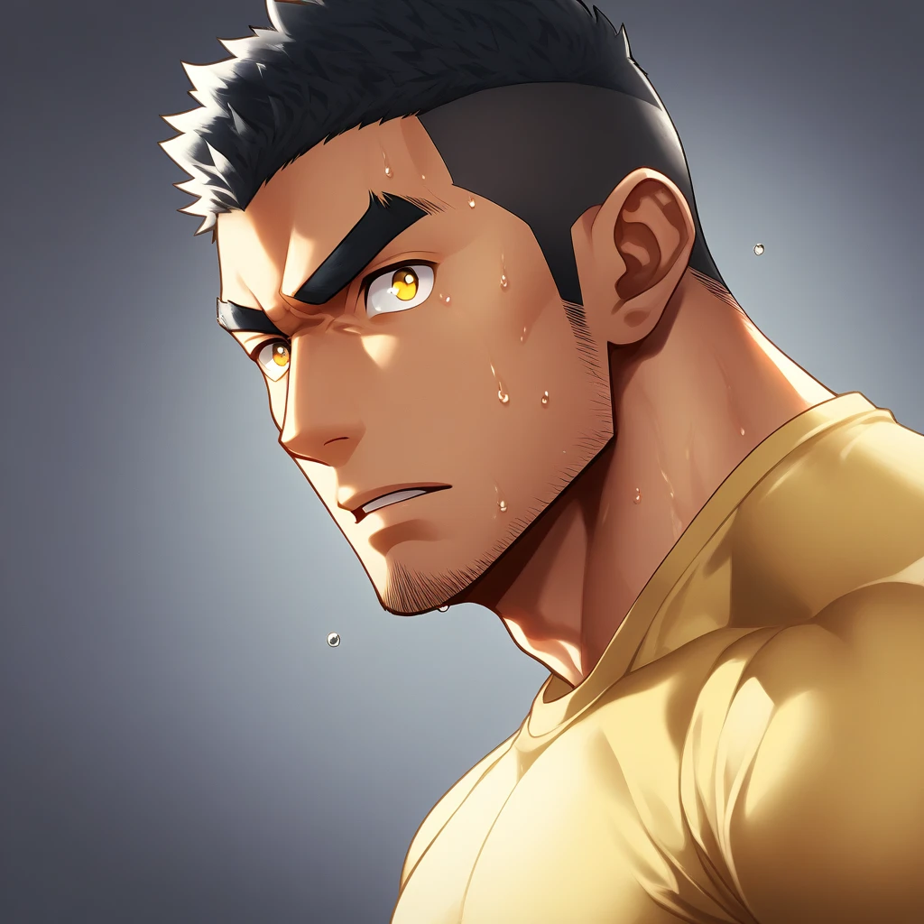 anime characters:Gyee, Deep black skin, Muscle Sports Student, 1 muscular tough guy, Manliness, male focus, Close-up of the side, Light yellow high collar long sleeve tight T-shirt, Very tight, The clothes were soaked with sweat, The pectoral muscles are oversized, Slightly transparent, muscular male, muscular, only, Upper body, alone, Black short hair, Thick eyebrows, stubble, Yellow eyes, Grey background, simple background, amazing quality, best aesthetics, Ridiculous, bright pupils, crew cut, parted lips, v-shaped eyebrows, jitome, disdain, drop shadow, best quality