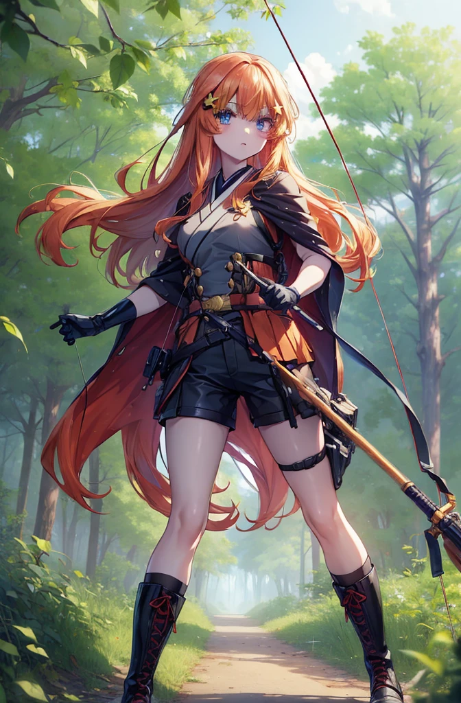 itsukinakano, itsuki nakano, bangs, blue eyes, Hair between the eyes, Redhead, star \(symbol\), hair ornaments, star hair ornaments,Long Hair,Owns an archery grip in the right hand,Carrying an archery bag,He has a quiver on one side, boots, Cape,gloves, red Knee socks, High heels, Shorts, Knee socks,whole bodyがイラストの中に入っていくように,歩いている
break outdoors, forest,forest林, break looking at viewer,whole body, 
break (masterpiece:1.2), Highest quality, High resolution, unity 8k wallpaper, (shape:0.8), (Fine and beautiful eyes:1.6), Highly detailed face, Perfect lighting, Highly detailed CG, (Perfect hands, Perfect Anatomy),