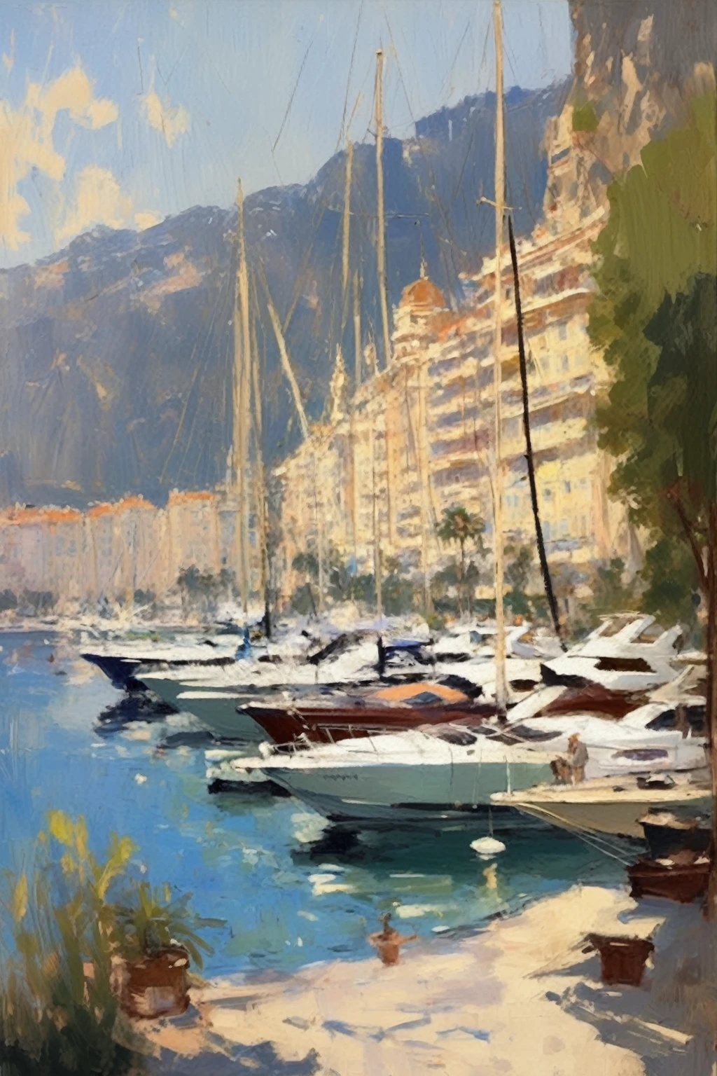 Konstantin Korovin Style - oil painting of a beautiful yacht haven in monaco. Muted colors. Artwork by Abbott Handerson Thayer.