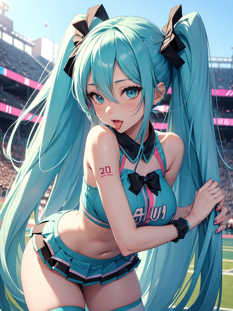 Hatsune Miku, cheerleader, showing the tongue, makeup, big tits