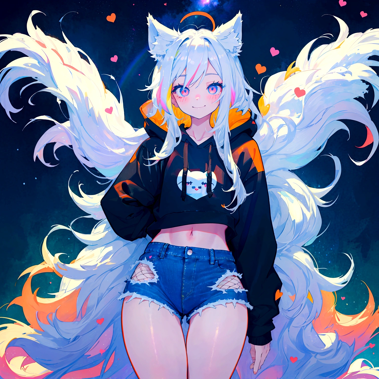 a cute adult male with wolf ears, long white hair, long locks, has a wolf tail, wearing a loose cropped black hoodie, wearing a pair of denim short shorts and fishnet stockings, thick thighs, wide hips, relaxing on mound of fluffy multi colored kawaii plushies, short, very slim, showing slender tummy, heart on hoodie, squishy thighs, has glowing blue eyes. alone, solo (ALONE)(SOLO), surrounded by rainbows, colorful galaxy backround, smiling
