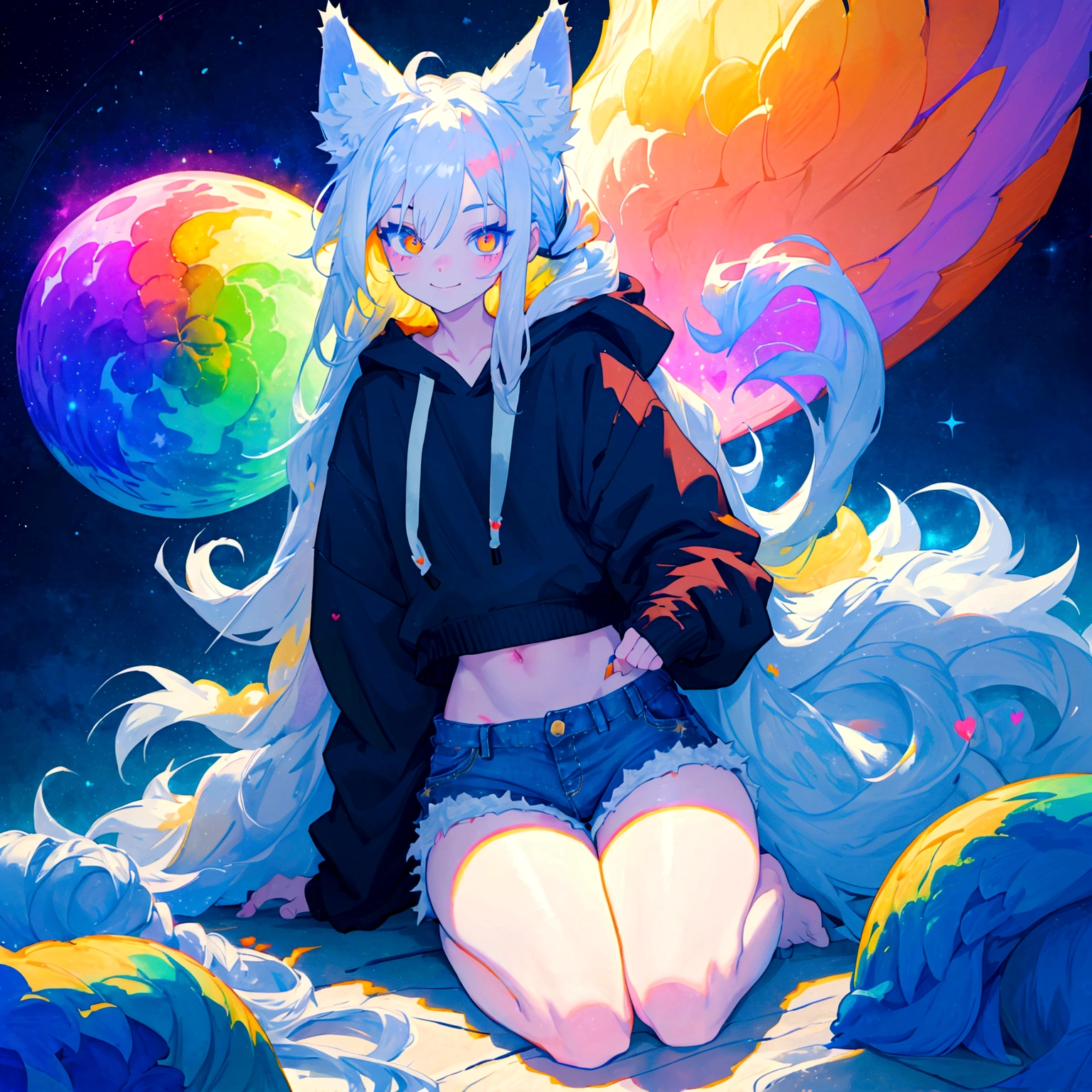 a cute adult male with wolf ears, long white hair, long locks, has a wolf tail, wearing a loose cropped black hoodie, wearing a pair of denim short shorts and fishnet stockings, thick thighs, wide hips, relaxing on mound of fluffy multi colored kawaii plushies, short, very slim, showing slender tummy, heart on hoodie, squishy thighs, has glowing blue eyes. alone, solo (ALONE)(SOLO), surrounded by rainbows, colorful galaxy backround, smiling