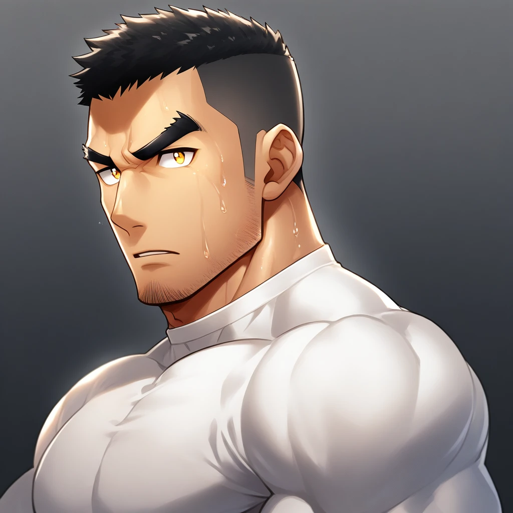 anime characters：Gyee,  Deep black skin, Muscle Sports Student, 1 muscular tough guy, Manliness, male focus, Close-up of the side, Light yellow high collar long sleeve tight T-shirt, Very tight, The clothes were soaked with sweat, The pectoral muscles are oversized, Slightly transparent, muscular male, muscular, only, Upper body, alone, Black short hair, Thick eyebrows, stubble, Yellow eyes, Grey background, simple background, amazing quality, best aesthetics, Ridiculous, bright pupils, crew cut, parted lips, v-shaped eyebrows, jitome, disdain, drop shadow, best quality