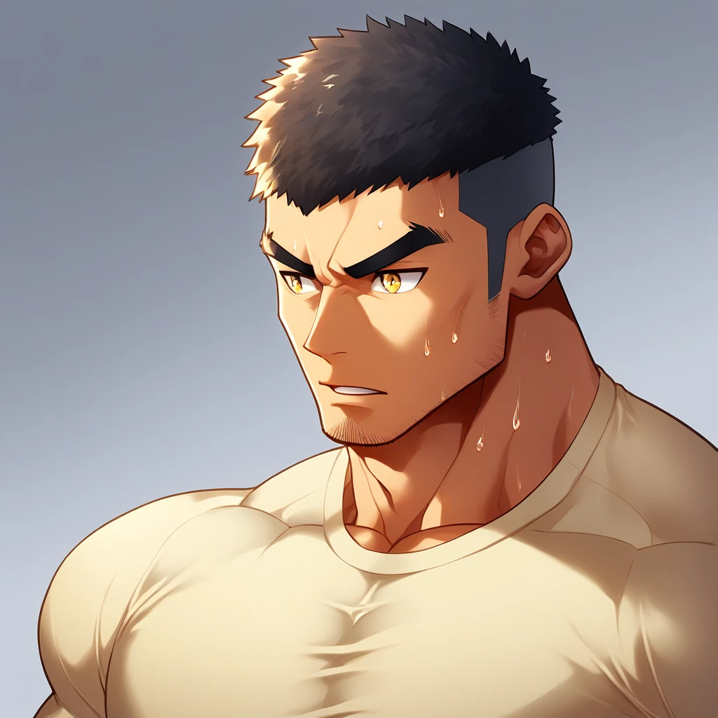 anime characters:Gyee, Deep black skin, Muscle Sports Student, 1 muscular tough guy, Manliness, male focus, Close-up of the side, Light yellow high collar long sleeve tight T-shirt, Very tight, The clothes were soaked with sweat, The pectoral muscles are oversized, Slightly transparent, muscular male, muscular, only, Upper body, alone, Black short hair, Thick eyebrows, stubble, Yellow eyes, Grey background, simple background, amazing quality, best aesthetics, Ridiculous, bright pupils, crew cut, parted lips, v-shaped eyebrows, jitome, disdain, drop shadow, best quality