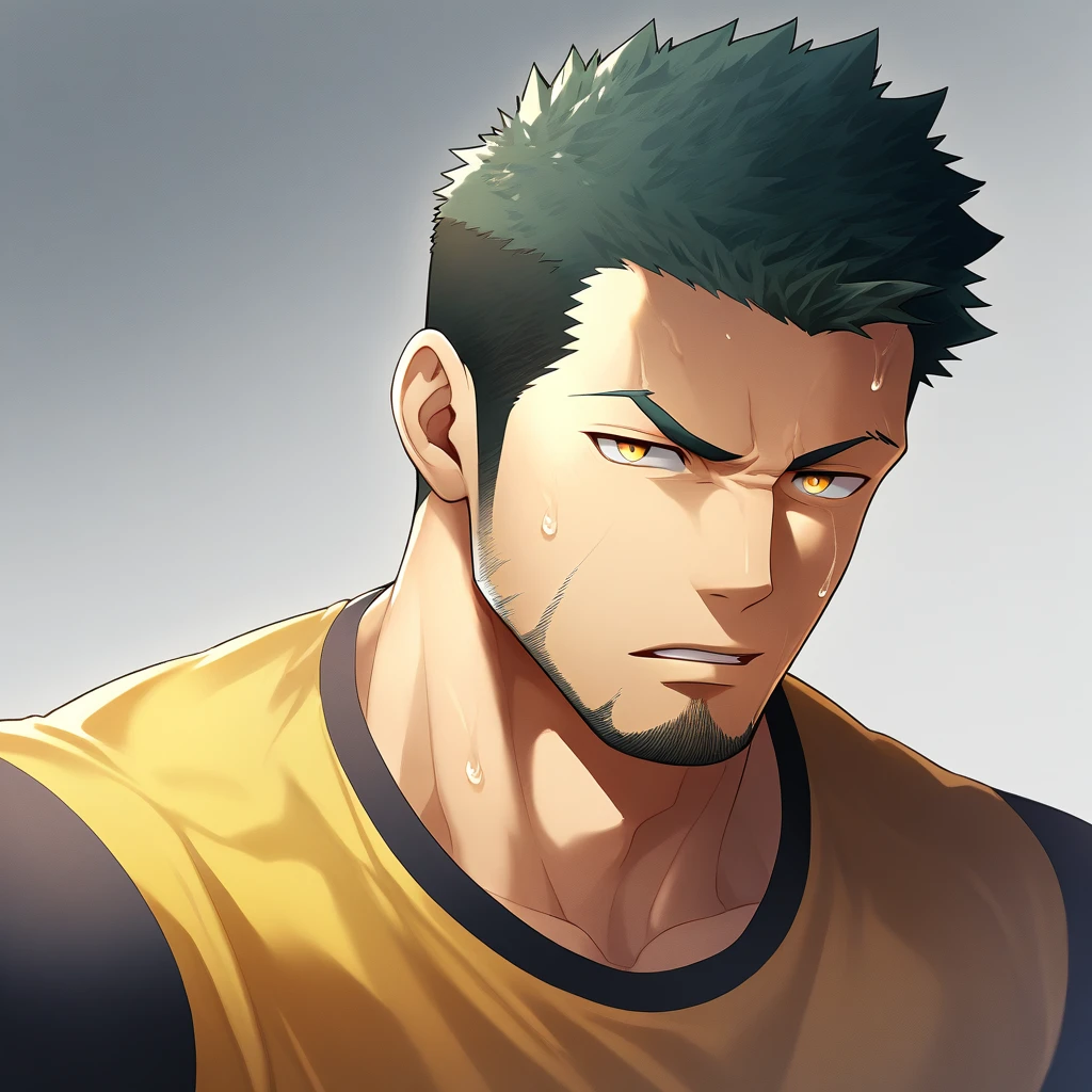 anime characters：Gyee, Priapus, Deep black skin, Muscle Sports Student, 1 muscular tough guy, Manliness, male focus, Close-up of the side, Light yellow high collar long sleeve tight T-shirt, Very tight, The clothes were soaked with sweat, The pectoral muscles are oversized, Slightly transparent, muscular male, muscular, only, Upper body, alone, Black short hair, Thick eyebrows, stubble, Yellow eyes, Grey background, simple background, amazing quality, best aesthetics, Ridiculous, bright pupils, crew cut, parted lips, v-shaped eyebrows, jitome, disdain, drop shadow, best quality