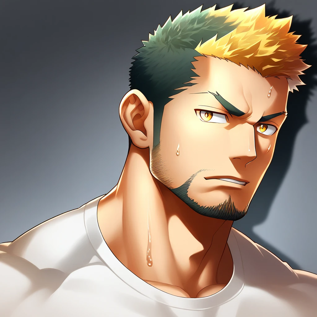 anime characters：Gyee, Priapus, Deep black skin, Muscle Sports Student, 1 muscular tough guy, Manliness, male focus, Close-up of the side, Light yellow high collar long sleeve tight T-shirt, Very tight, The clothes were soaked with sweat, The pectoral muscles are oversized, Slightly transparent, muscular male, muscular, only, Upper body, alone, Black short hair, Thick eyebrows, stubble, Yellow eyes, Grey background, simple background, amazing quality, best aesthetics, Ridiculous, bright pupils, crew cut, parted lips, v-shaped eyebrows, jitome, disdain, drop shadow, best quality