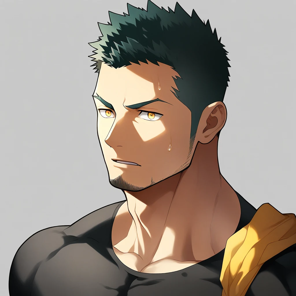 anime characters:Gyee, Priapus, Deep black skin, Muscle Sports Student, 1 muscular tough guy, Manliness, male focus, Close-up of the side, Light yellow high collar long sleeve tight T-shirt, Very tight, The clothes were soaked with sweat, The pectoral muscles are oversized, Slightly transparent, muscular male, muscular, only, Upper body, alone, Black short hair, Thick eyebrows, stubble, Yellow eyes, Grey background, simple background, amazing quality, best aesthetics, Ridiculous, bright pupils, crew cut, parted lips, v-shaped eyebrows, jitome, disdain, drop shadow, best quality