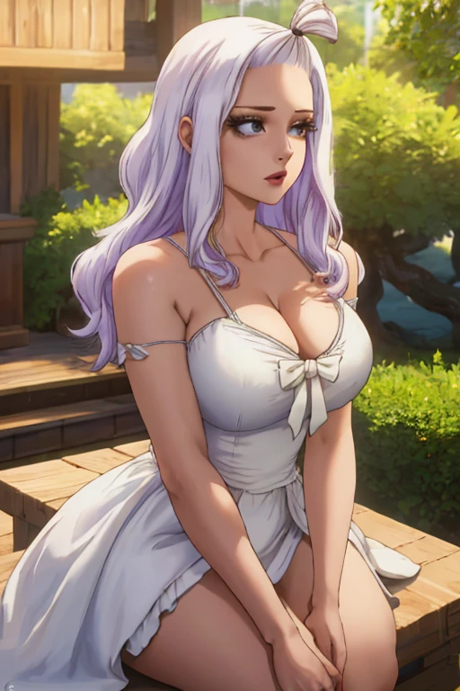 (best quality,4k,8k,highres,masterpiece:1.2),ultra-detailed,realistic,photorealistic:1.37, Mirajane Strauss, 22 year old woman with straight white wavy hair wearing a white dress
