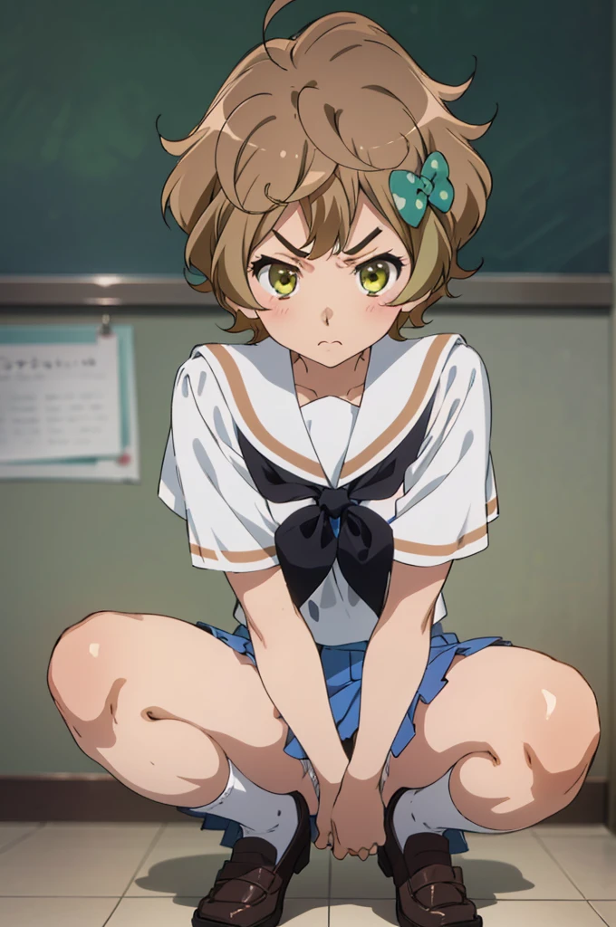 solo, 1girl, looking at viewer, , sapphire kawashima, ,angry,classroom,serafuku,miniskirt,socks,squatting,open legs,spread legs,,,(panties)