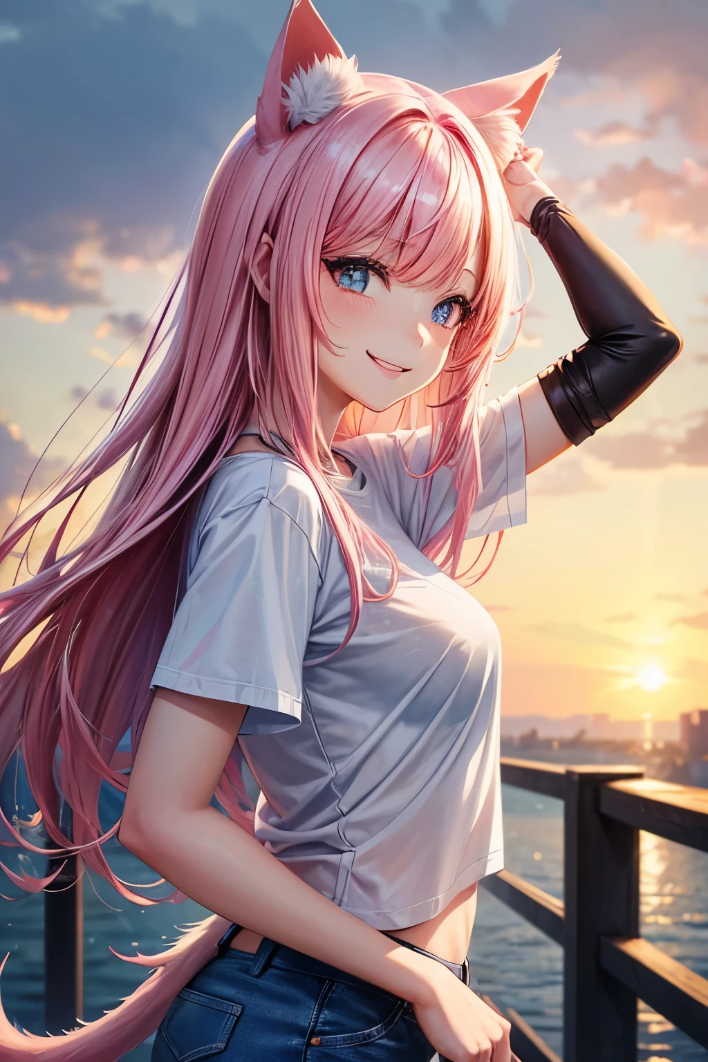 Top quality, high resolution, perfect human anatomy, cat ears, front view, glossy hair, pink iridescent hair, rain, smiling, happy, gradient eyes, flowing bangs, front angle, t-shirt, jeans, smiling