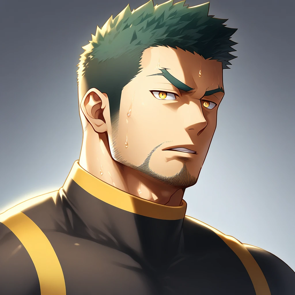anime characters:Gyee, Priapus, Deep black skin, Muscle Sports Student, 1 muscular tough guy, Manliness, male focus, Close-up of the side, Light yellow high collar long sleeve tight T-shirt, Very tight, The clothes were soaked with sweat, The pectoral muscles are oversized, Slightly transparent, muscular male, muscular, only, Upper body, alone, Black short hair, Thick eyebrows, stubble, Yellow eyes, Grey background, simple background, amazing quality, best aesthetics, Ridiculous, bright pupils, crew cut, parted lips, v-shaped eyebrows, jitome, disdain, drop shadow, best quality