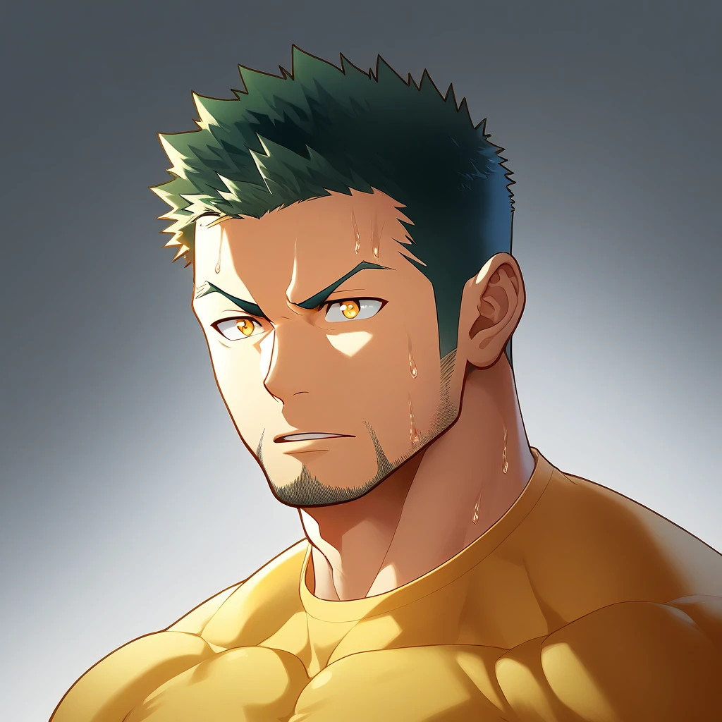 anime characters:Gyee, Priapus, Deep black skin, Muscle Sports Student, 1 muscular tough guy, Manliness, male focus, Close-up of the side, Light yellow high collar long sleeve tight T-shirt, Very tight, The clothes were soaked with sweat, The pectoral muscles are oversized, Slightly transparent, muscular male, muscular, only, Upper body, alone, Black short hair, Thick eyebrows, stubble, Yellow eyes, Grey background, simple background, amazing quality, best aesthetics, Ridiculous, bright pupils, crew cut, parted lips, v-shaped eyebrows, jitome, disdain, drop shadow, best quality