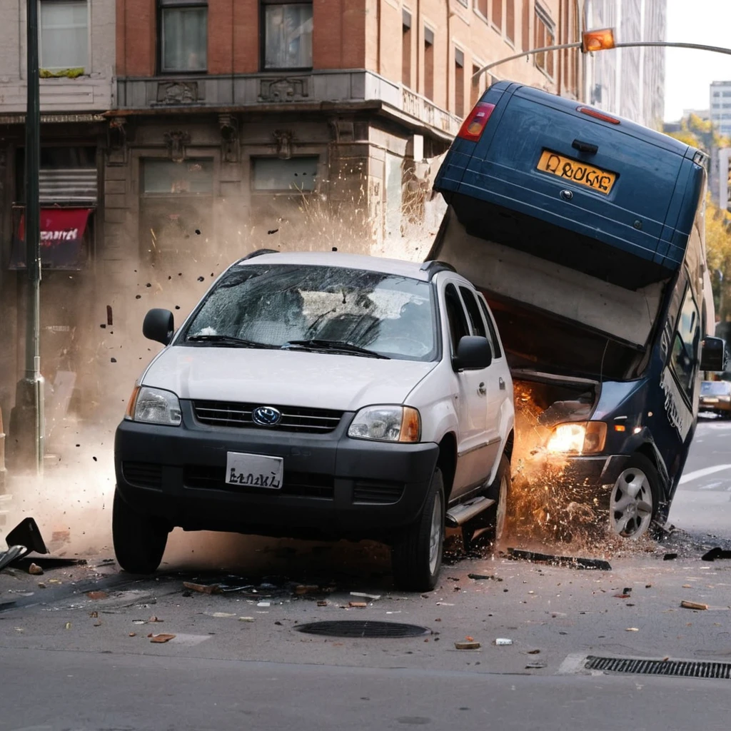 A car in a city interior being hit by a truck in the back of it