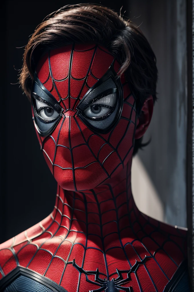 A photograph of Spider-Man., sin mascara, the 20s, elegant, detailed face, looking to the camera, portrait, 8k hd, high quality
