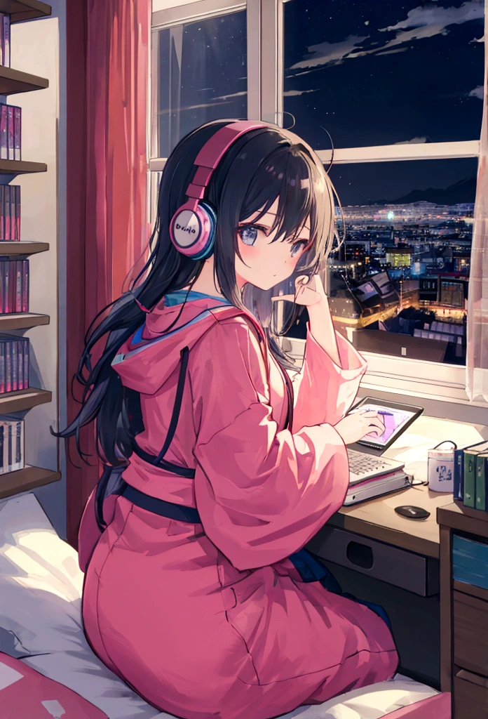 night、A girl listening to music with headphones while looking at a computer in her room、Warm lighting、I can see the city lights from the window The room is filled with bookshelves and CDs. Japanese anime style